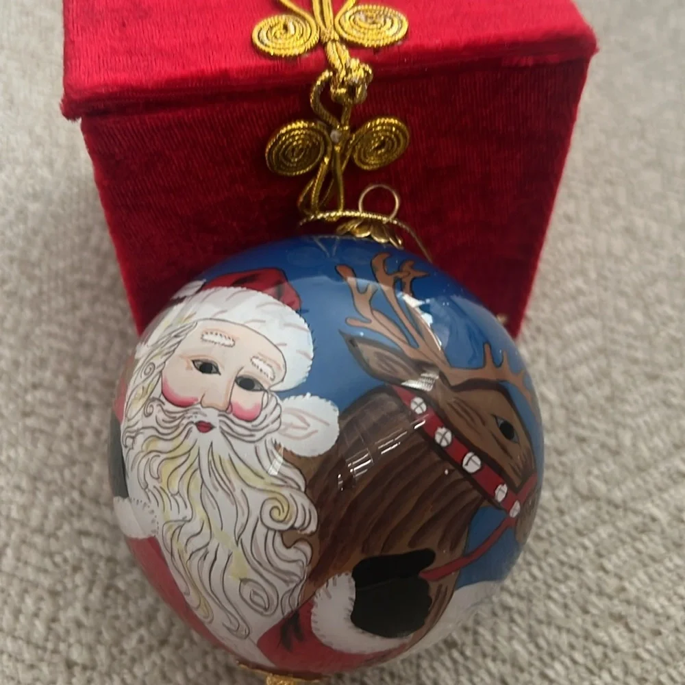 Pier 1 Li Bien 2001 Reverse Hand Painted Glass Santa Christmas Ornament w/Box